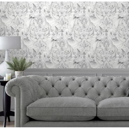 ezust madarmintas szurke tapeta viragminta dekoracio elegans kastely villa szalon kozmetika haloszoba nappali.jpg